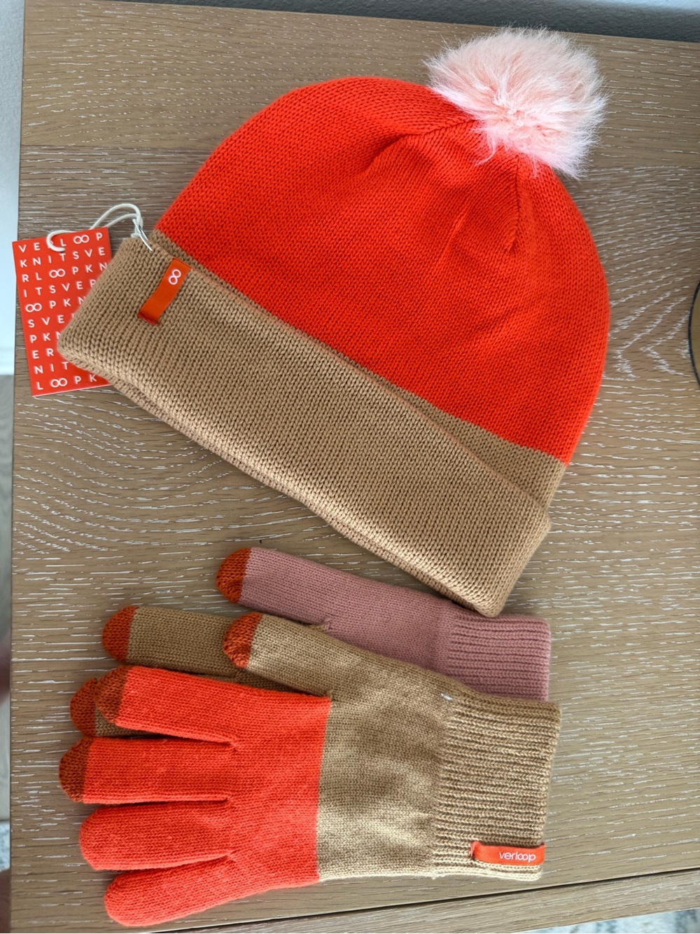 Two-Tone Orange & Tan Knit Beanie with Pink Pom and Matching Gloves